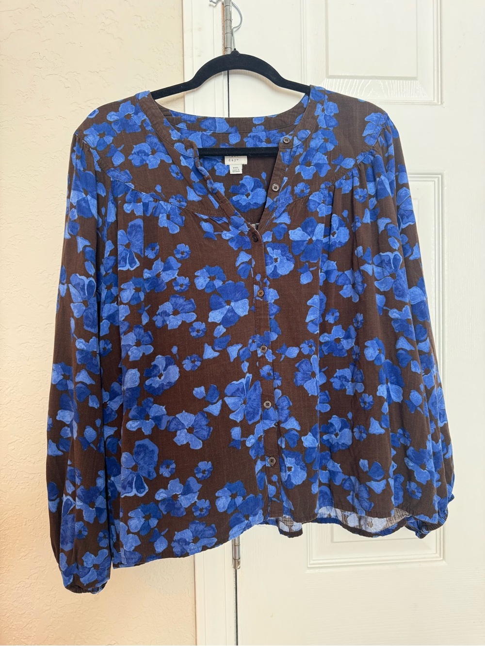 A New Day Brown Button-Front Blouse with Blue Floral Print